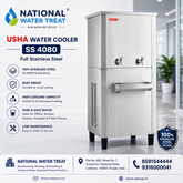 National Water Treat USHA Water Cooler SS 4080 stainless steel water cooler machine shown on a light gray promotional background with product features, icons, and company contact details.