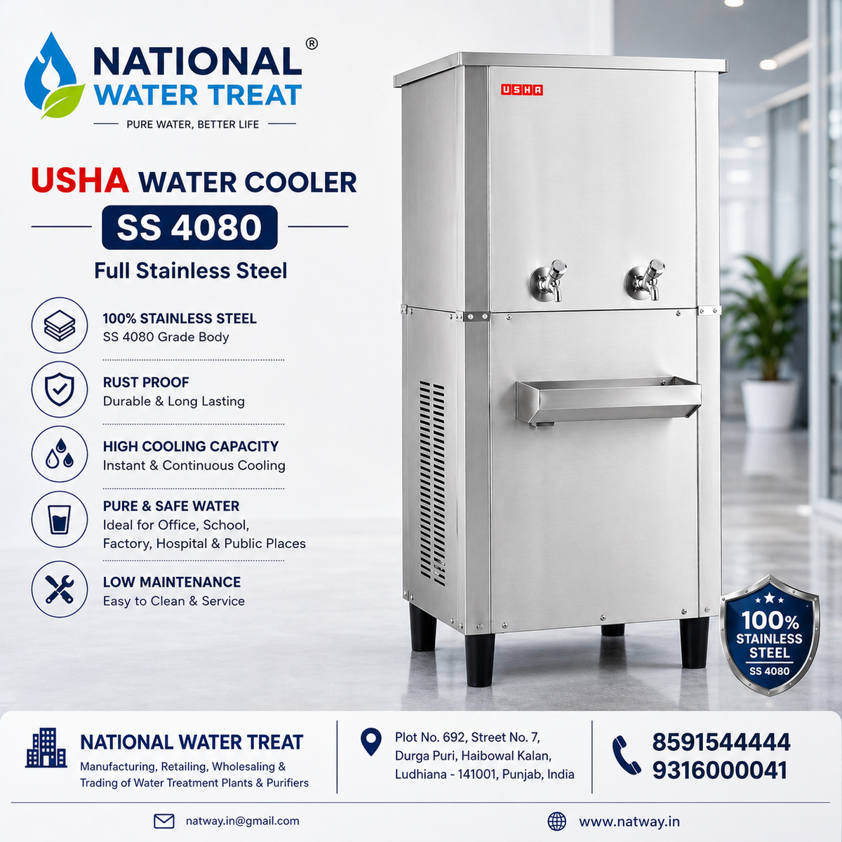 National Water Treat USHA Water Cooler SS 4080 stainless steel water cooler machine shown on a light gray promotional background with product features, icons, and company contact details.