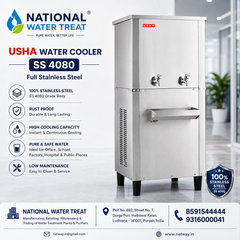 National Water Treat USHA Water Cooler SS 4080 stainless steel water cooler machine shown on a light gray promotional background with product features, icons, and company contact details.