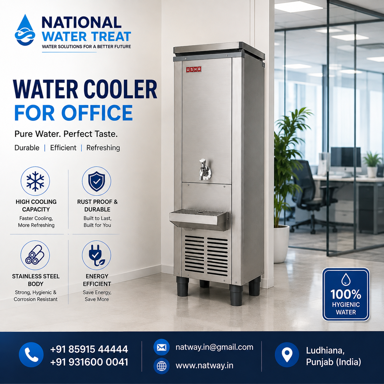 A tall stainless steel office water cooler with a metal spout and front vent grille, shown in a bright office interior. The image includes large promotional text on the left, product feature icons, a contact footer bar, and a blue badge stating 100% hygienic water.
