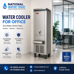 A tall stainless steel office water cooler with a metal spout and front vent grille, shown in a bright office interior. The image includes large promotional text on the left, product feature icons, a contact footer bar, and a blue badge stating 100% hygienic water.